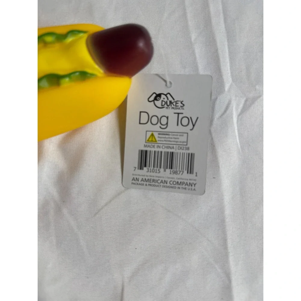 Duke's Pet Products Squeaky Hot Dog Dog Toy Yellow Brown Vinyl DI238 NWT